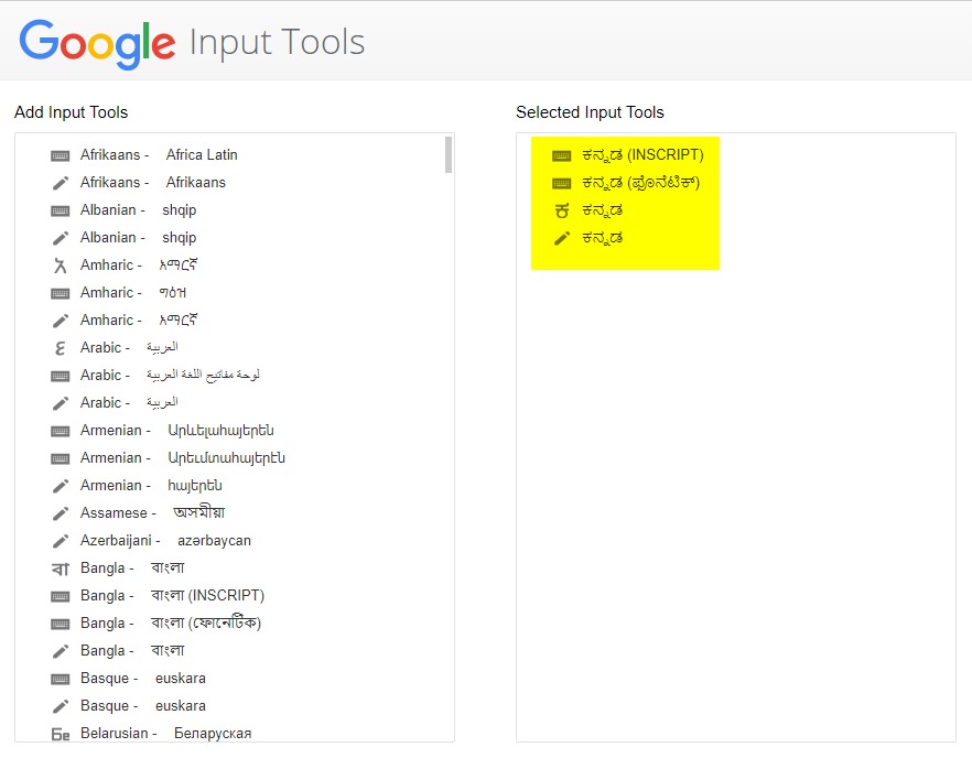 Select the Google Language Kannada from the Google Input Tools Select Extension